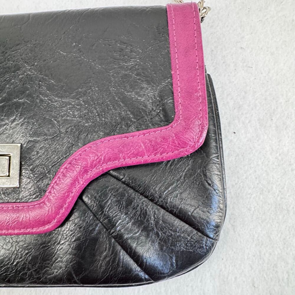 Vintage Black faux Leather Shoulder Bag Pink Trim Y2K Retro Baguette Purse - Picture 5 of 9